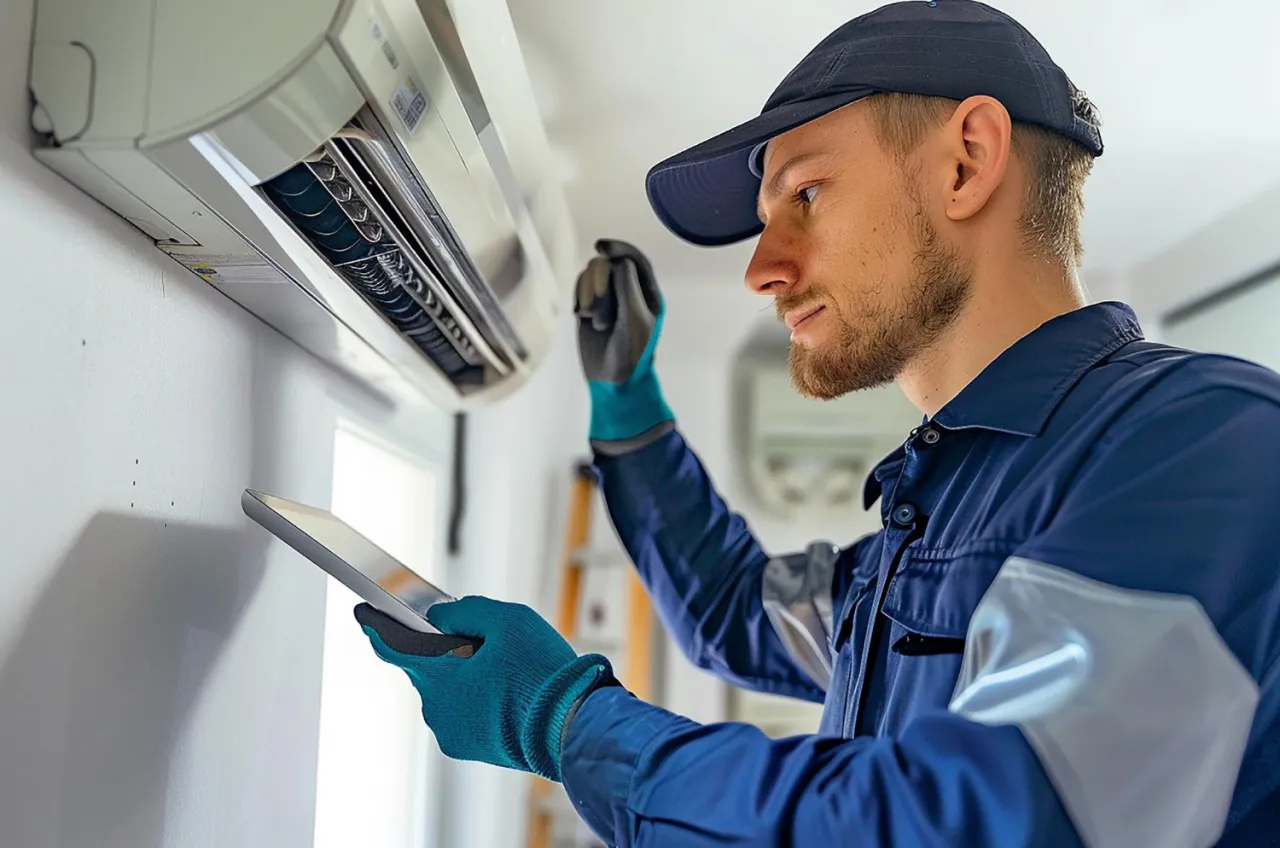 Tecnico verificando ar condicionado em manutencao preventiva